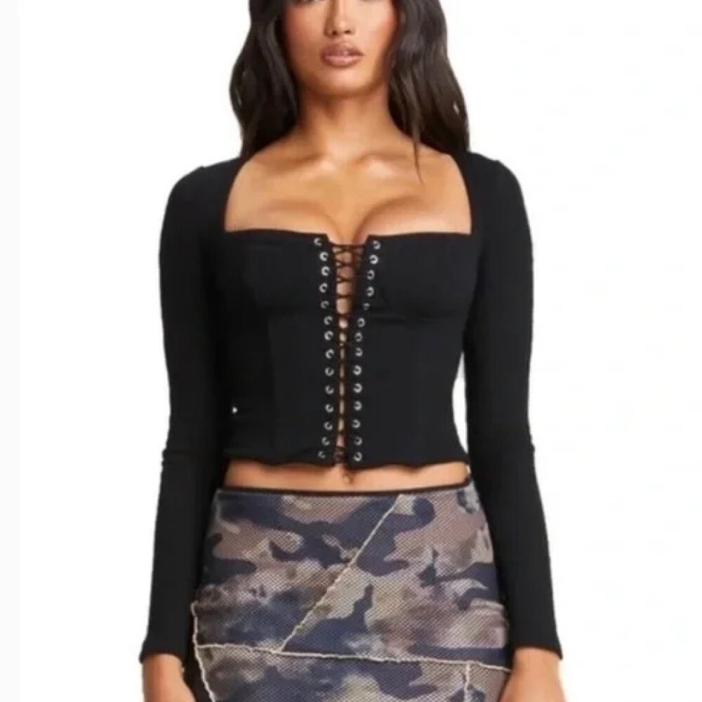 I.AM.GIA PORTIA LACE-UP LONG SLEEVE CORSET TOP BLACK RIBBED COTTON XXS